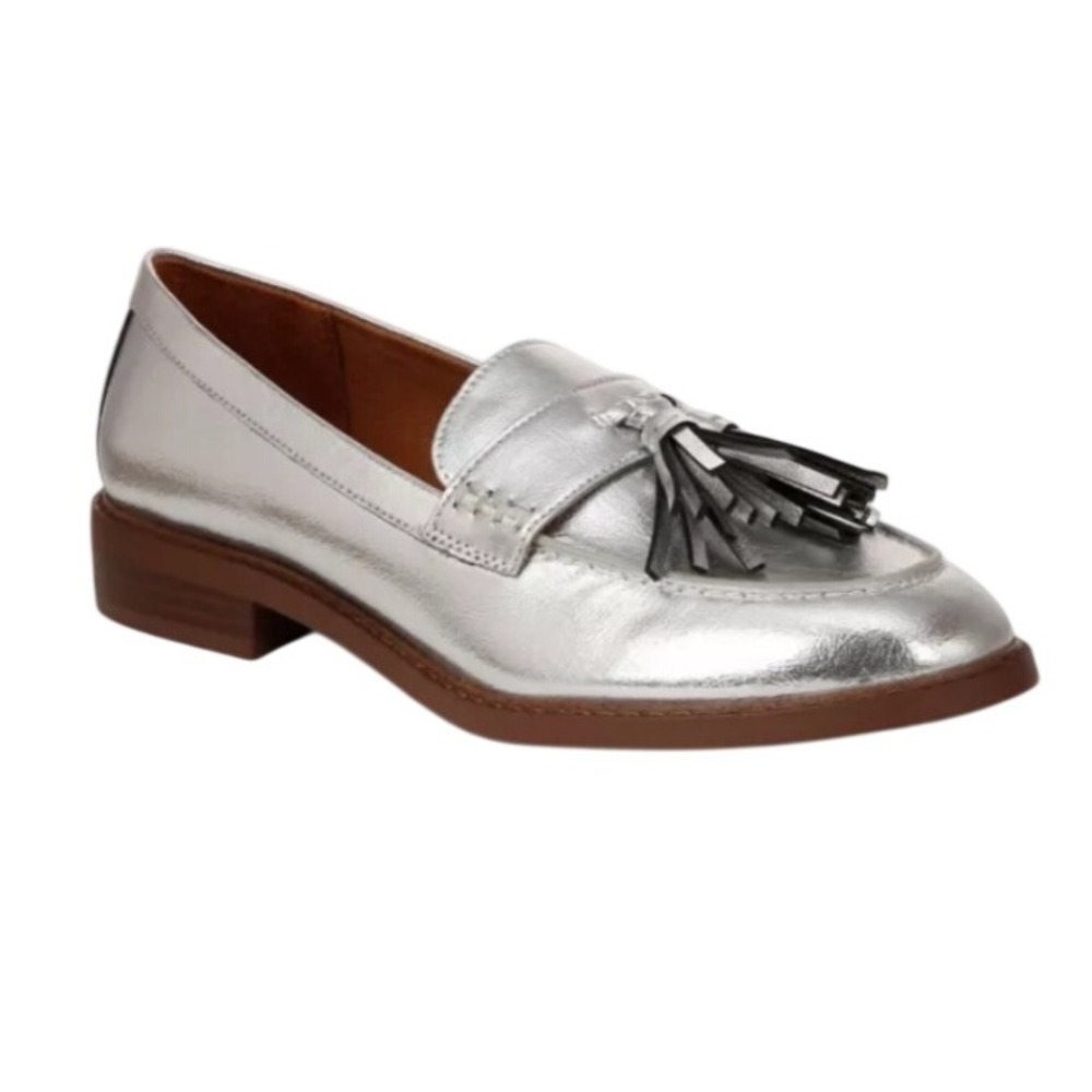 Franco Sarto Carolyn Metallic Silver Tassel Loafers 7.5 Chunky Prep Low Lug